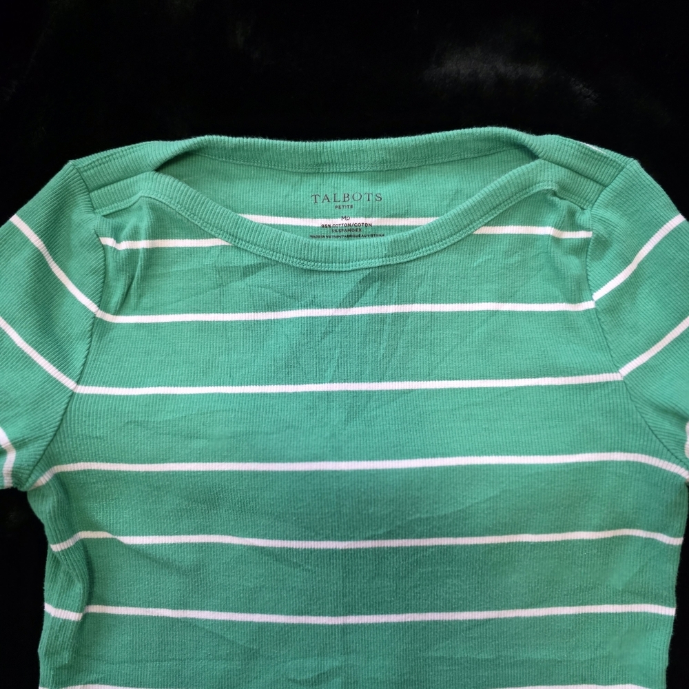 Talbots Green and White Striped Short Sleeve Tee - Picture 3 of 6